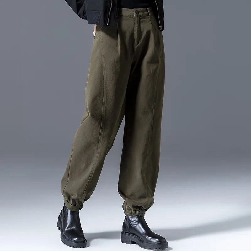 

Women's Clothing Fashion and casual army green overalls spring and autumn new high waisted baggy jeans Bind the feet Haren pants