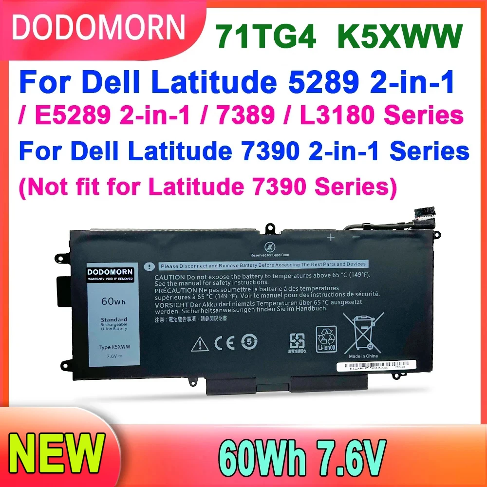 Dododomorn Bateria do Portátil para Dell Latitude 5289 7389 7390 L3180 Series 725ky N18gg 725ky N18gg 7.6v 60wh 71tg4 K5xww