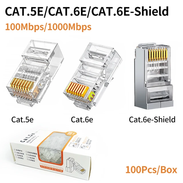 100Pcs/Box Ethernet Cable Cat5e RJ45 Plug Connector - Gold Plated, Cat5 Network Crystal Head for Stable Gigabit Ethernet. 1