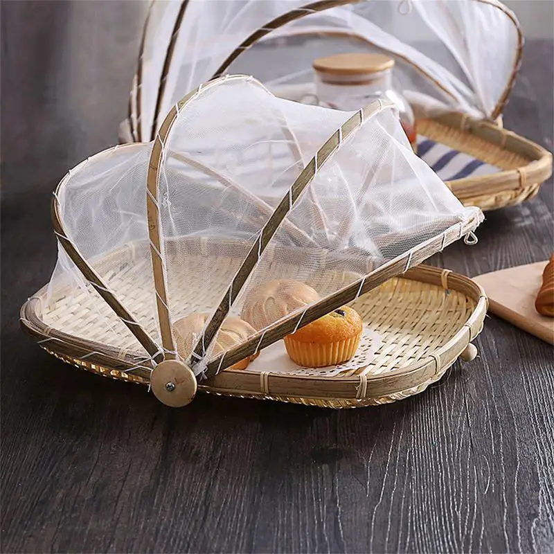 

Food Cover Tent Basket Fly Proof wicker Basket Anti Mosquito Food Serving Tent Basket Tray Hand Woven Vegetable Fruit Tray