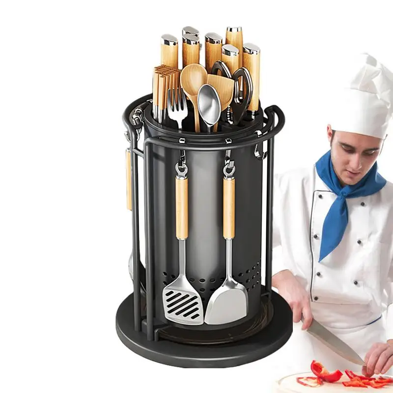 

Kitchen Cutter Holder Stainless Steel Utensil Organizer Rotating Chopsticks Stand with Hooks Storage holder kitchen accessories
