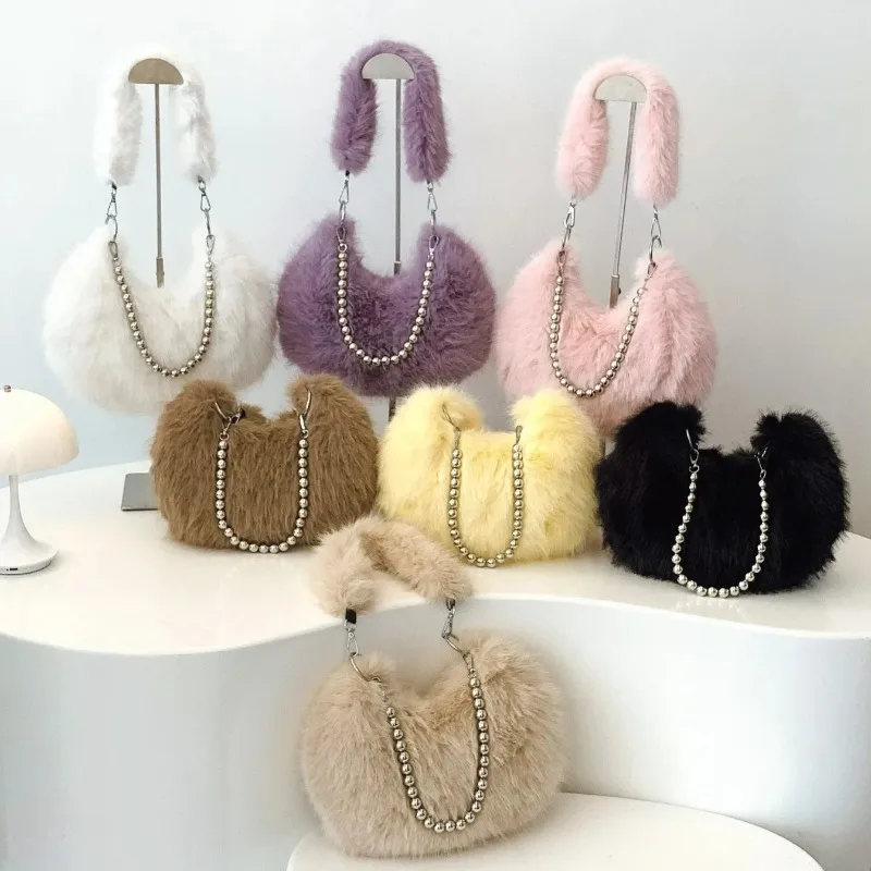 New Winter Furry Tote Bags Fashion Plush Underarm Bag Chain Single Handbag Shoulder Bag Fox Fur Crossbody Bag for Women Daily