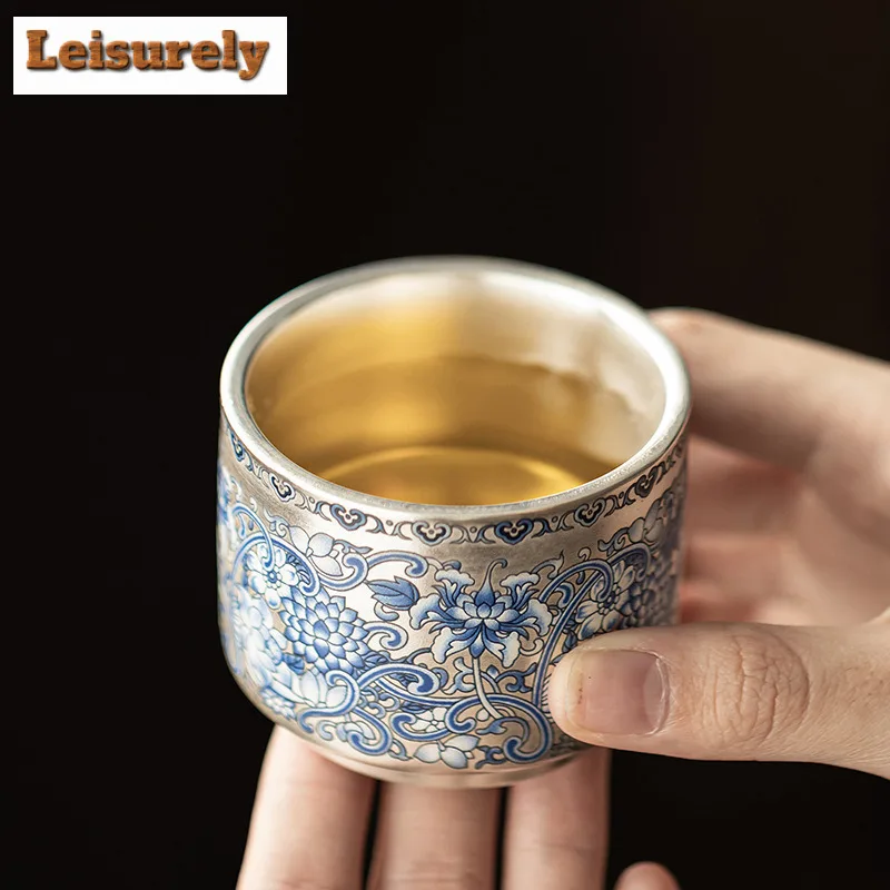 2pc/lot Handmade Twining Lotus Silver-plated Teacup Zen Tea Bowl Mug Tea-tasting Smelling Cup Jianzhan Master Cups Teaware Gifts