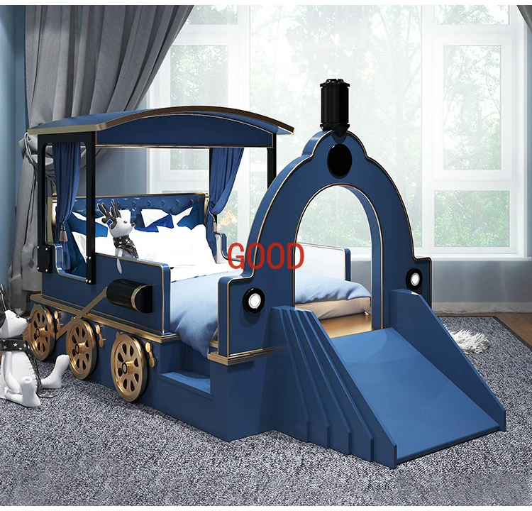 luxury children bedroom furniture sets double bed simulation car modeling and slide design solid wood kids bed blue for boy