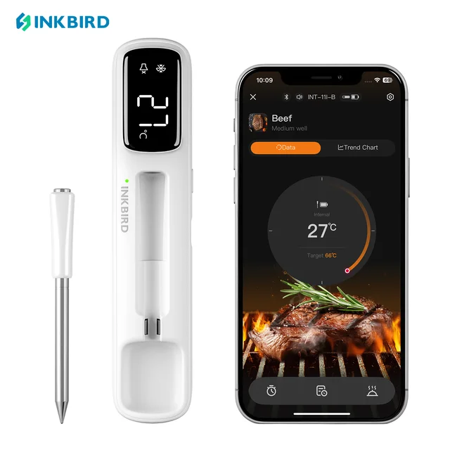 IKBIRD INT-11I-B เครื่องวัดอุณหภูมิเนื้อสัตว์ไร้สายขนาดเล็ก, บลูทูธ 5.4 1000 ฟุต, การตอบสนอง 1 วินาที, IP67, 26 ที่ตั้งไว้ล่วงหน้า, จอแสดงผล LED, สําหรับ BBQ/Gril 1