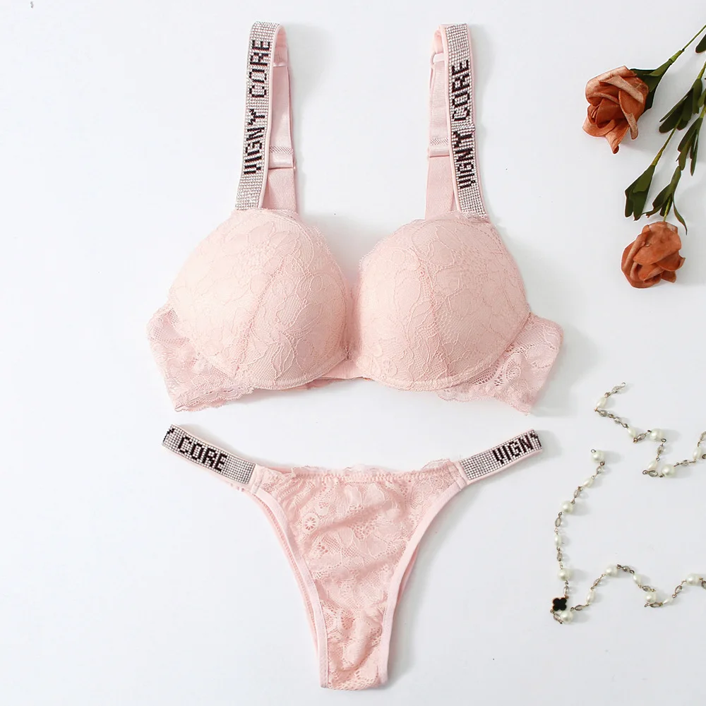VICTORIA'S SECRET Rhinestone bra and panty set Sexy Lace Women Thong  Lingerie Bra Set Push Up Seamless Pink Gift Bra Suit - AliExpress