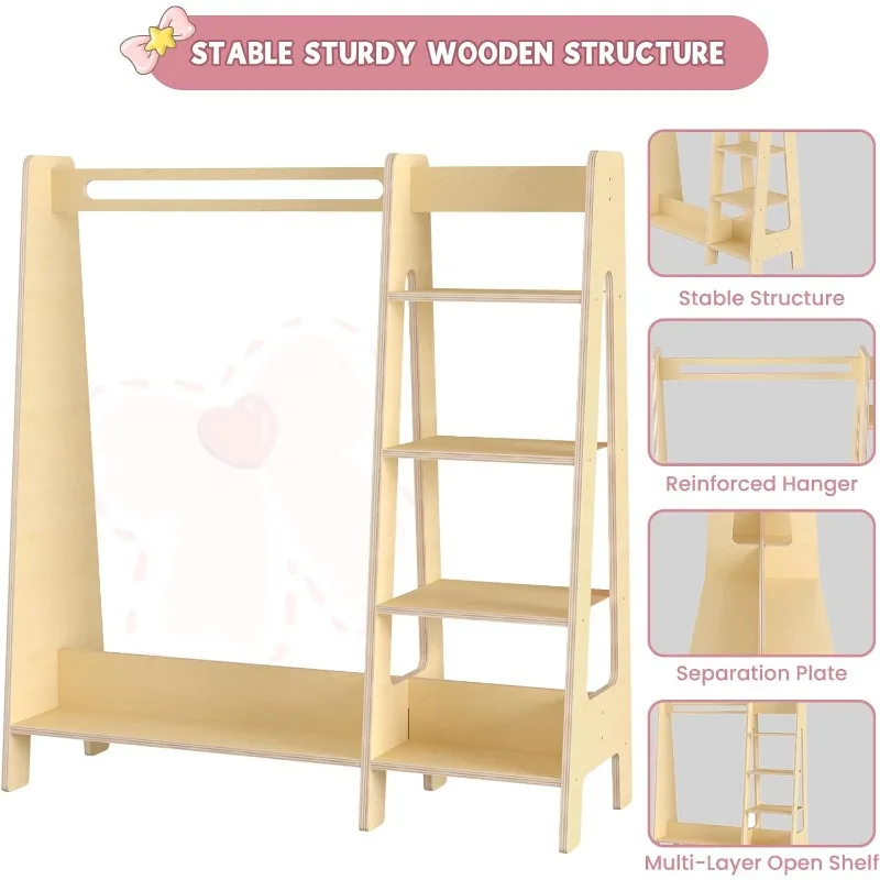 Kids Dress Up Storage with Mirror, Kids Closet with 5 Hanger and Stickers, Opening Hanging Costume Closet Wardrobe for Kids 4