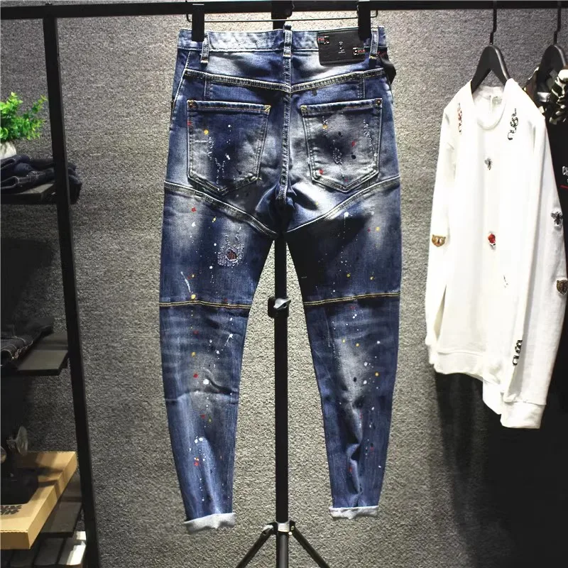 Street Fashion Men Jeans Retro Blue Stretch Slim Fit Spliced