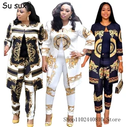 African Dresses For Women Abaya Turkey Office Lady Outfits African Clothes Print Jacket Coat and Long Pants Suits Tracksuit Fema