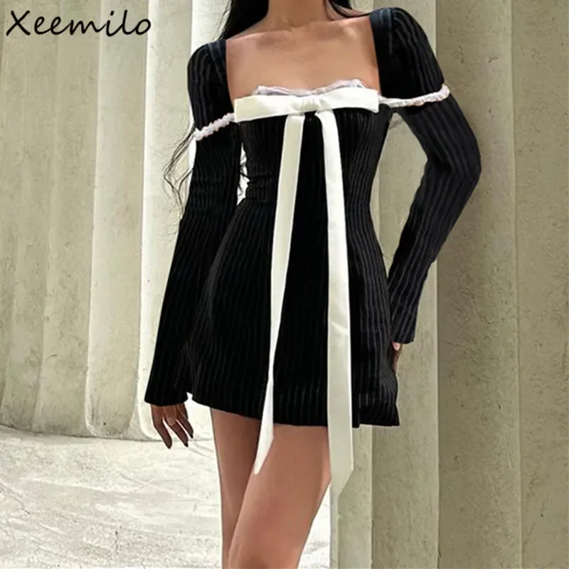 

NMZM Elegant Bow Splice Long Sleeve Dress Vintage Square Neck Lace Splice Bodycon Mini Dress 2023 Evening Tank Top