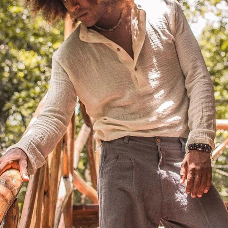 

Men's Vintage Single Breasted Tops Simple Fashion Cotton Linen Shirts Men Long Sleeve Loose Solid Color Casual Shirt Clothes