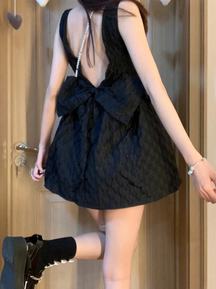 

French Pure Backless Bow Sling Dress Female Summer on the Run Puff Short Skirt Small