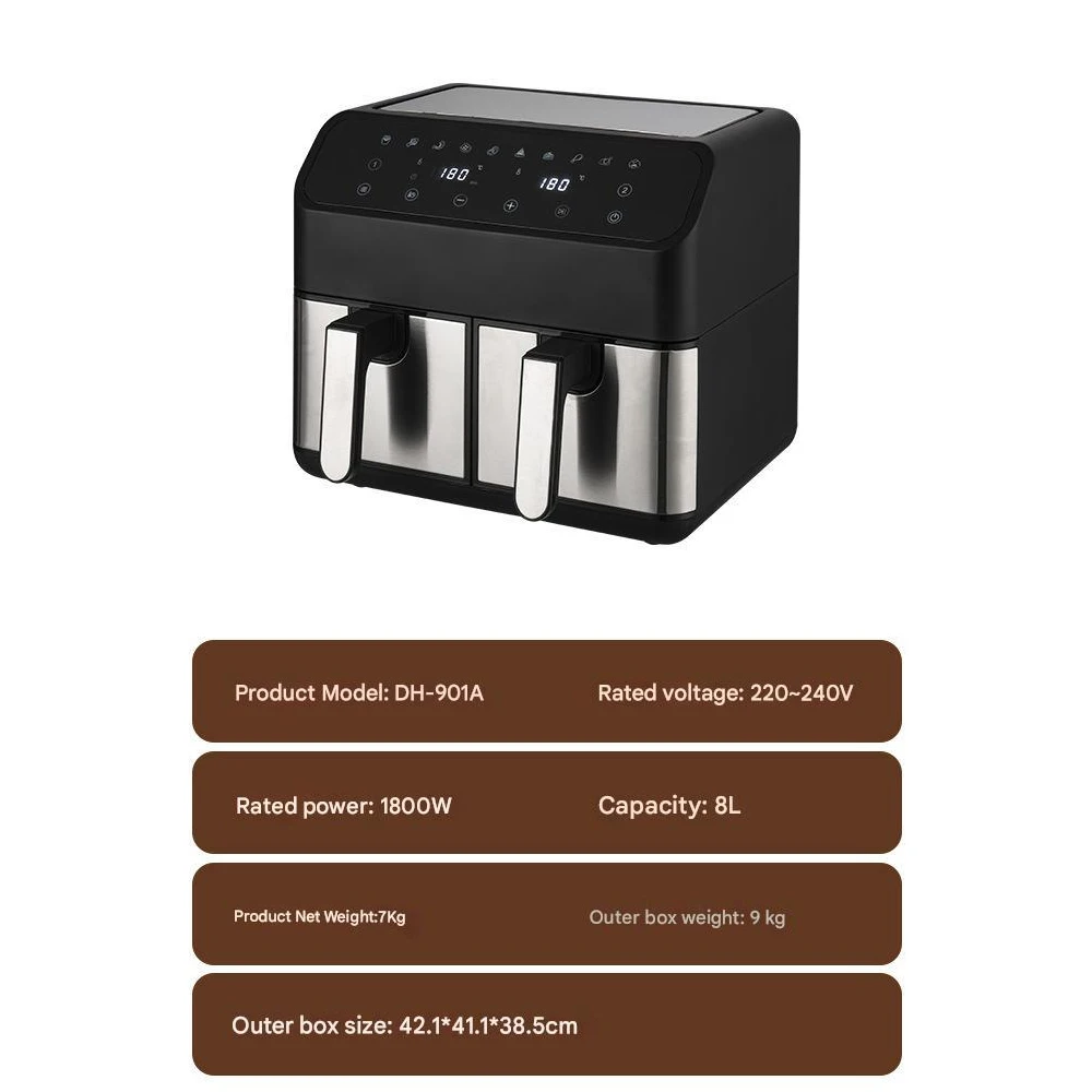 8L 2000W Stainless Steel Air Fryer Double Basket Digital Display with 8 Cooking Presets Oilless Cooker Dishwasher Safe Basket 2