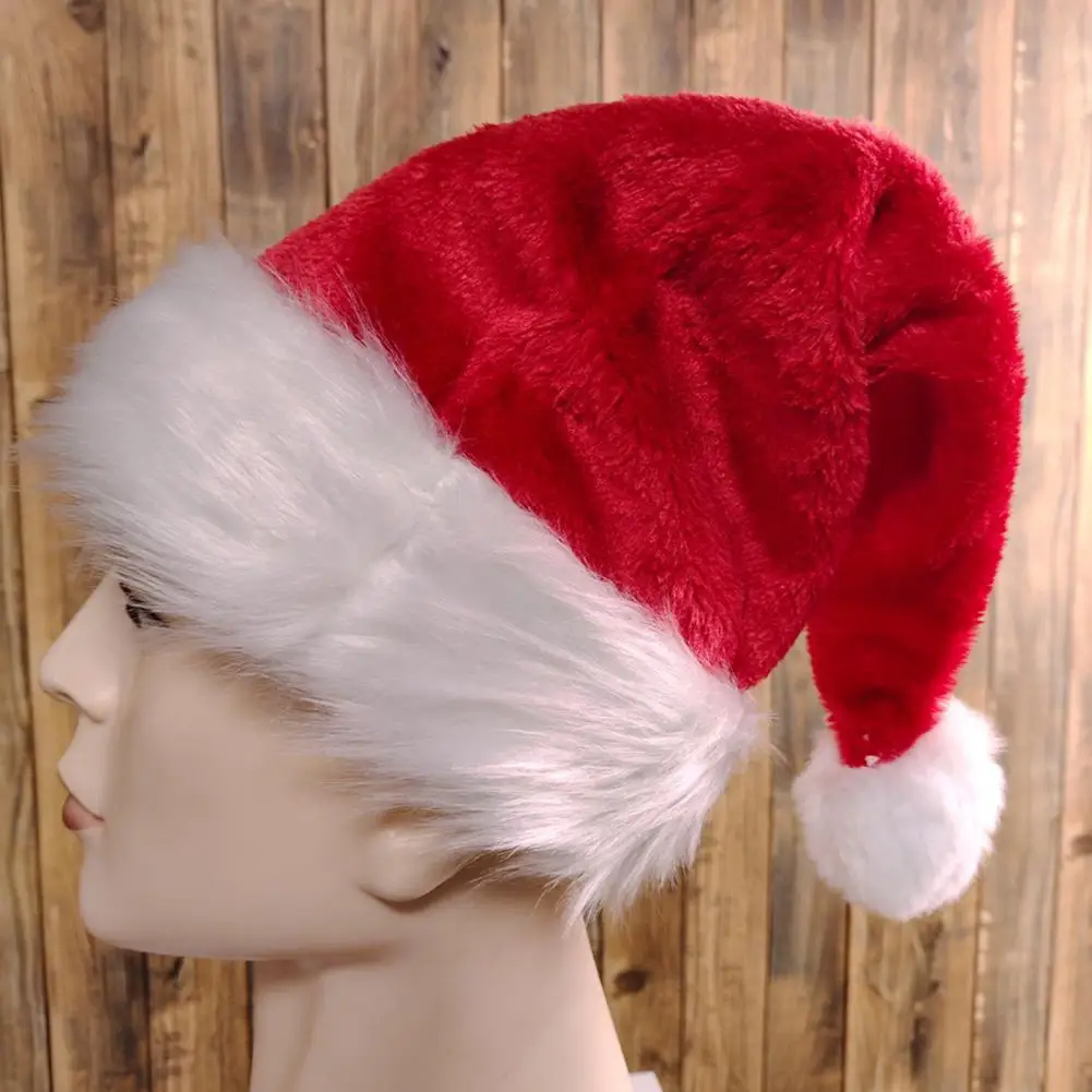 Santa Cosplay Cap Thermal Hat Plush Santa Hat for Adults Extra Holiday Headgear with Elastic Contrast Color Beanie Thick Cozy