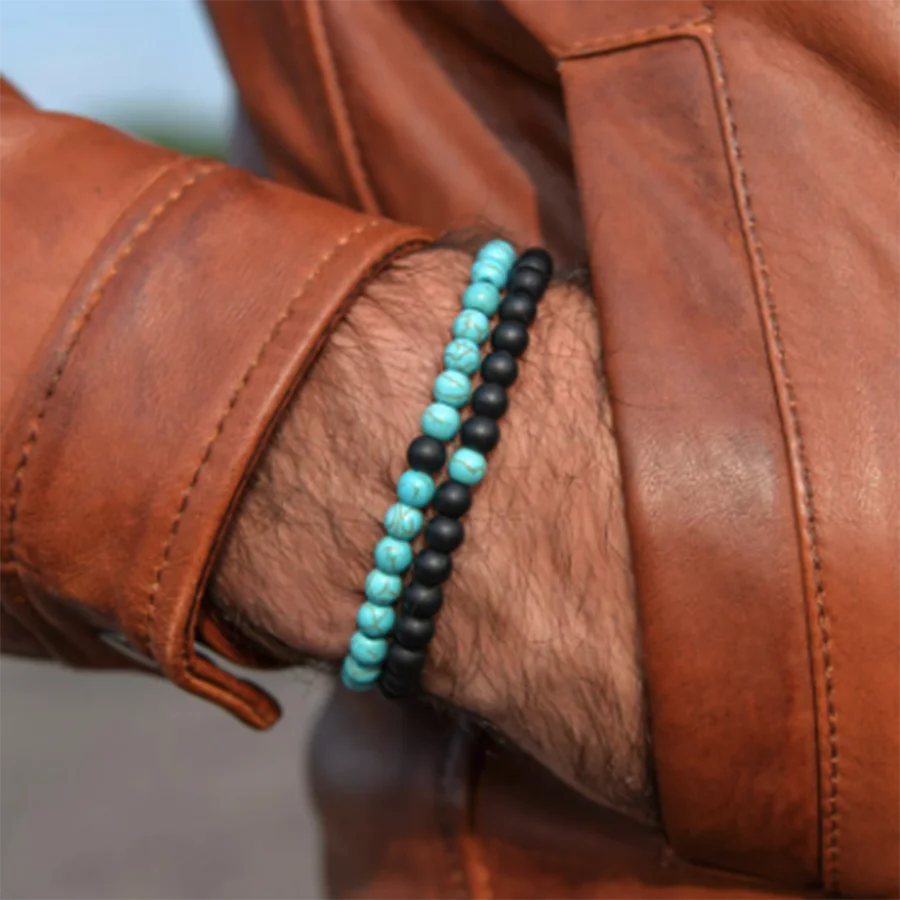 Neue 2Pcs 4mm Perlen Armband Set Für Männer Tiger Augen Türkisen Gepaart Strang Heilung Armband Handgemachte Casual zubehör Hombre – Detail 3