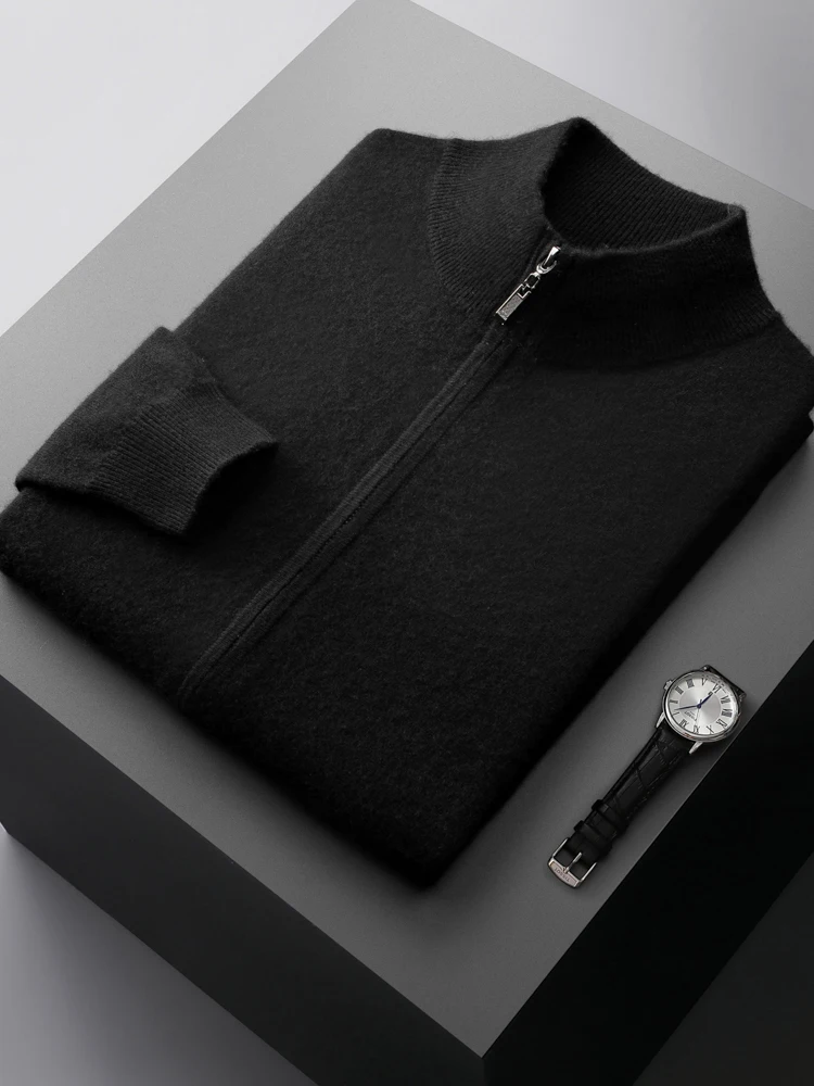 New Fashion 100% Cashmere Knitted Cardigan Pure Color Stand Collar Long Sleeve Zipper Coat Autumn and Winter Men's Sweater