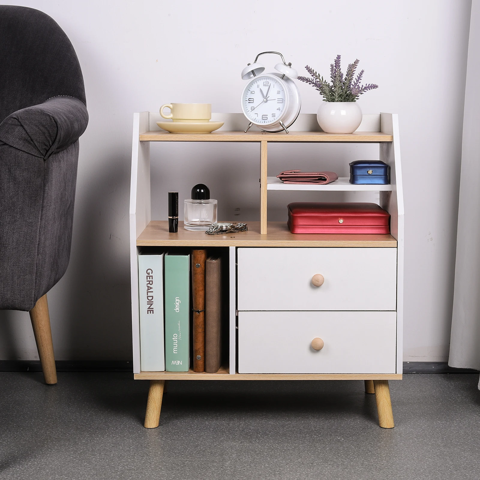 Wooden Nightstand Side Table with 2 Drawers Bedroom Bedside Cabinet Nordic Bedside Storage Cabinet for Home Bedroom