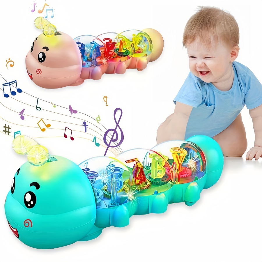 Cute caterpillar style baby crawling toy with lighting, music and automatic steering, letter and number design