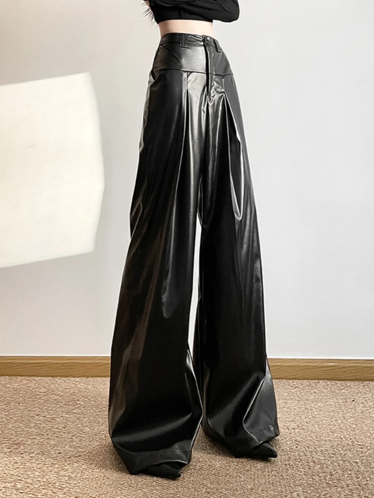 Hot Girl Style Simple Pu Leather Wide-Leg Pants 2024 Spring New Ins Fashion Women's Loose Black High Waist All-Matching Trousers