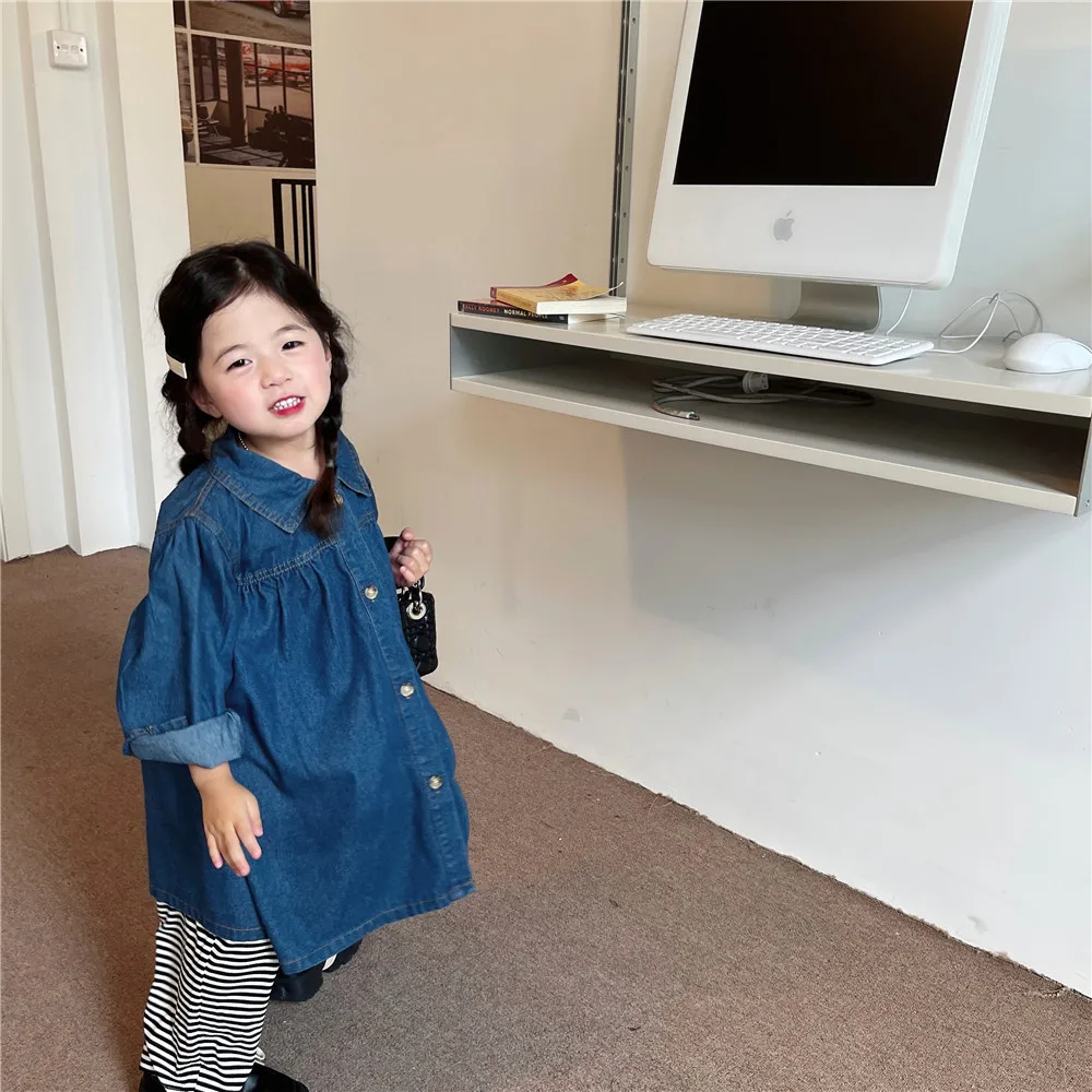 

Детская одежда 2778C, джинсовое платье для девочек, осень 2022, платье с длинным рукавом, детская Свободная джинсовая рубашка, юбка, Повседневное платье для девочек