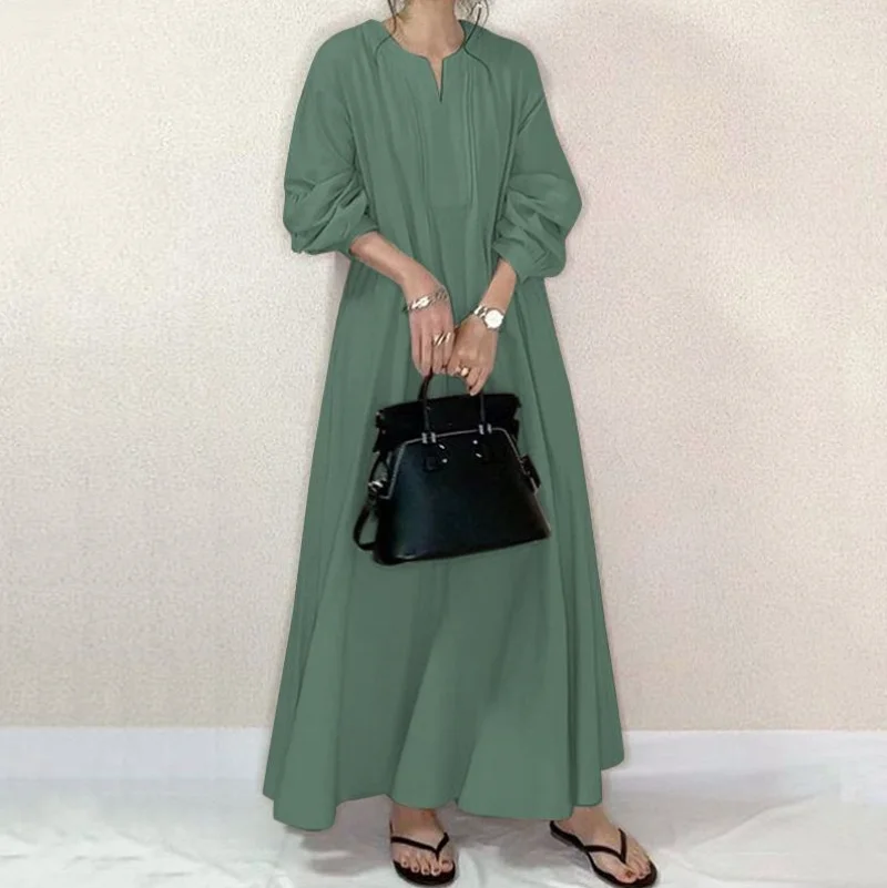 Muslim Abayat Dress Cotton and Linen Lazy Wind Abayas for Women Loose Round Neck Long Japanese and Korean Style Women's Dress