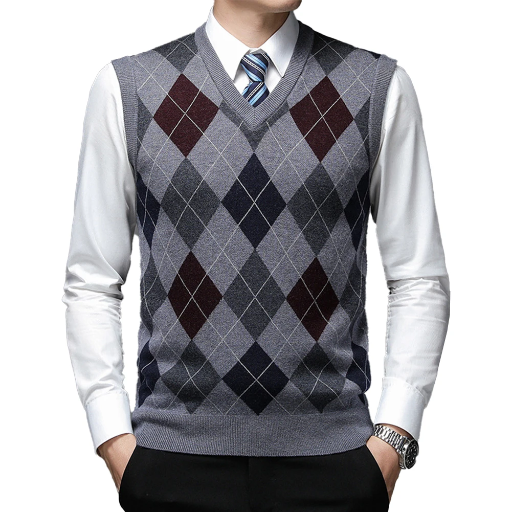 New Men's Sleeveless Sweater Vests Winter Knitted Tank Tops V-Neck Plaid Autumn Casual Vest Pullovers Man Clothing Knitwear