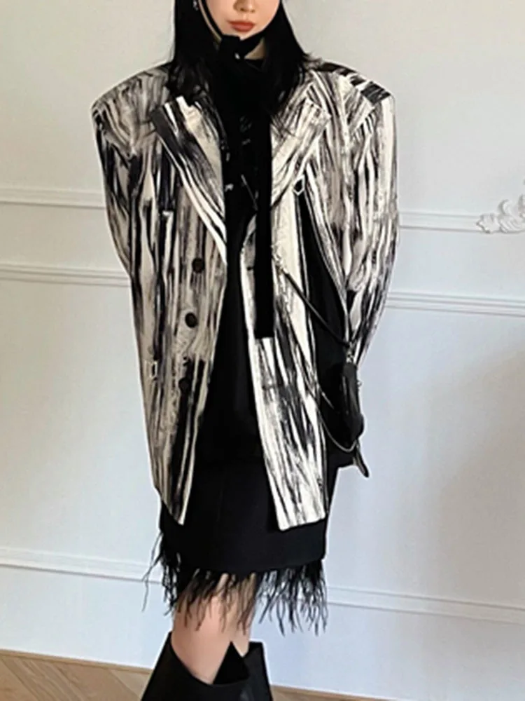 BZVW Grey White Graffiti Suit Jacket Women's 2023 Spring Autumn Versatile Zipper Spliced Designer Fashion Blazers Coat 25X3496