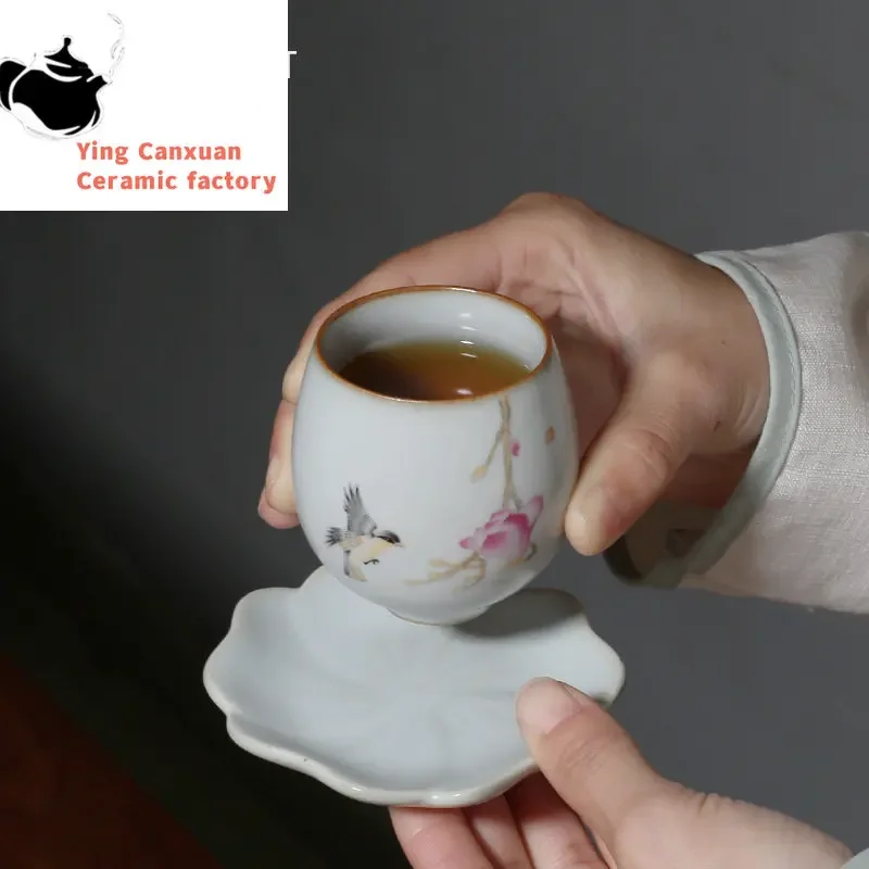 

Chinese Retro Ru Kiln Ceramic Teacup Travel Personal Meditation Cup Hand Painted Flowers and Birds Tea Bowl Master Cup Ho