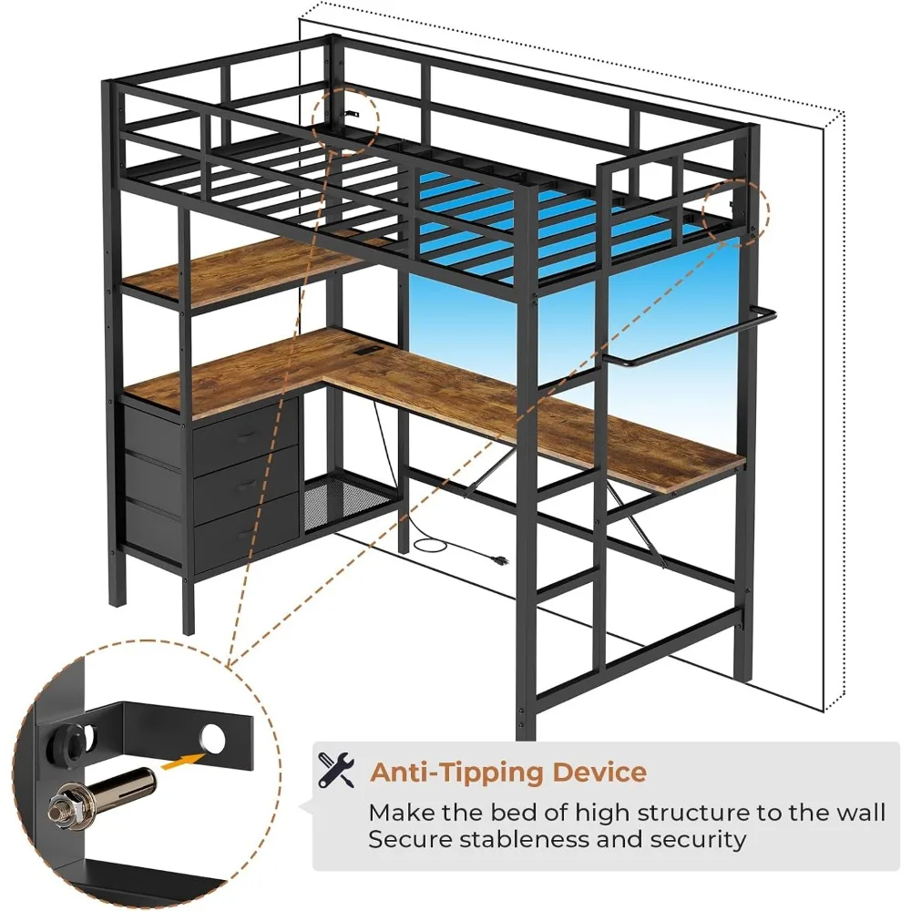 Twin Loft Bed with L-Shaped Desk, LED Lights, 3 Storage Shelves and 3 Fabric Drawers, Charging Station LED Loft Bed Frame 4