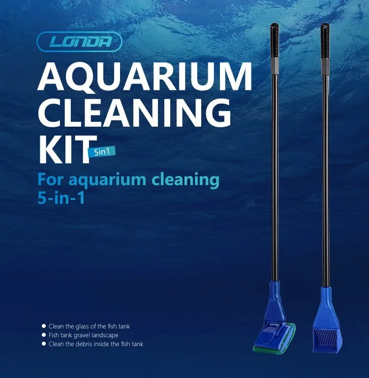 Description Picture 2 of item5 in 1 Multifunction Aquarium Cleaning Tools Fish Net Gravel Rake Algae Scraper Fork Sponge Brush Glass Fish Tank Cleaner Set