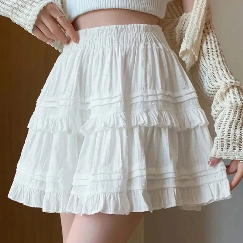 Sweet Cute Lace Mini Skirt Women White Ruffles Pleated Short
