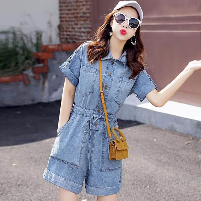 Denim Jumpsuit Women Half Sleeve Solid Oversize Casual Pocket One