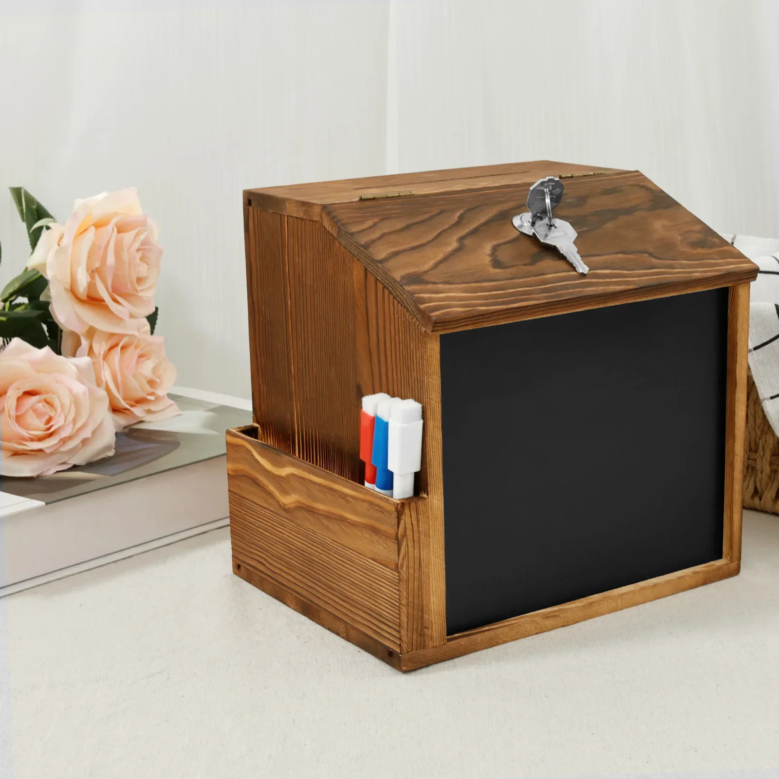 Wood Suggestion Box Wall-mounted Mail Ballot Box Vintage Donation with Slot and Lock Chalkboard Collection for School