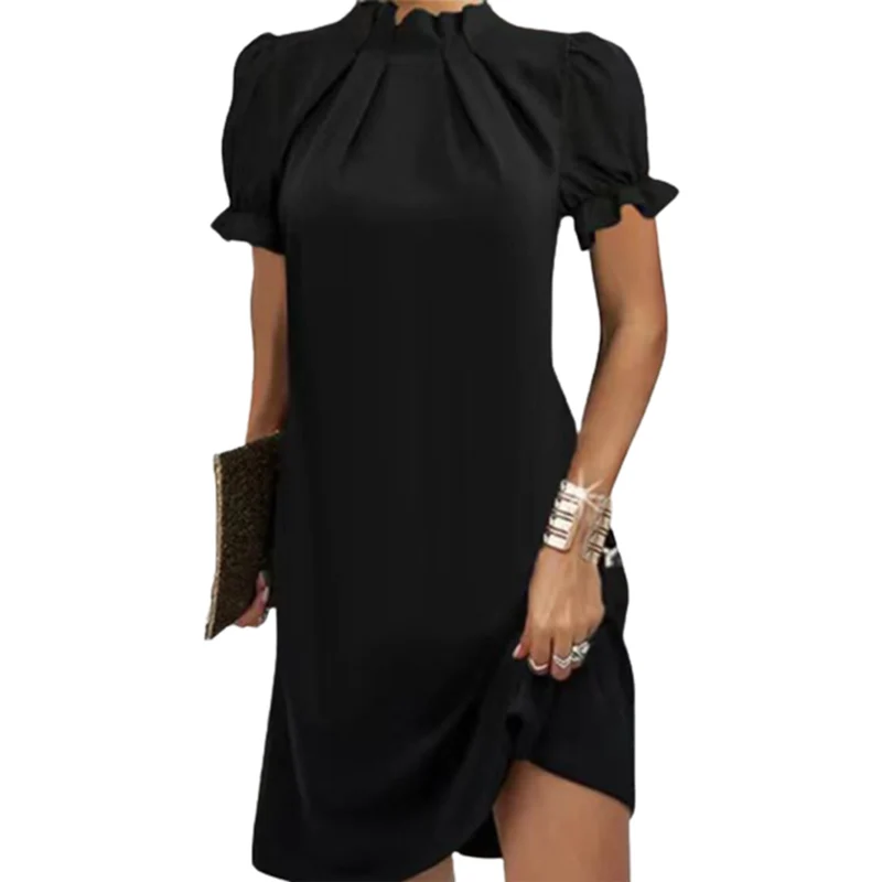 

Summer Bubble Short Sleeve Pleated Neck Pullover Dresses Women Solid Color Loose Casual Gown Ladies Elegant Commuter Dressy 5XL