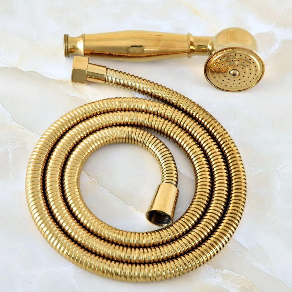 

Polished Gold Color Brass Hand Held Shower Head & 1.5M Shower Hose Set Water Saving Bathroom Telephone Style Dhh043