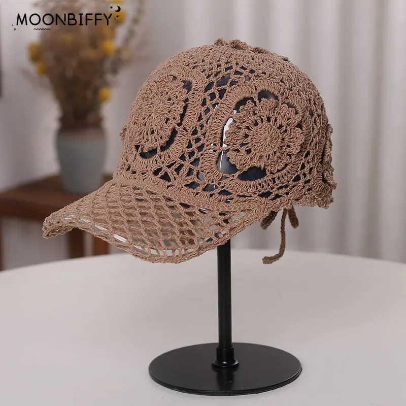 

Hand-woven Ladies Caps Spring and Summer Breathable Mesh Visor Korean INS Personality Retro Flower Baseball Cap Sun Visor