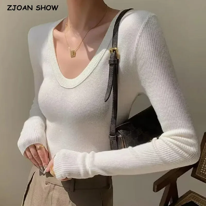 

Осень 2023, однотонные трикотажные пуловеры в рубчик, свитер с V-образным вырезом и длинным рукавом, блестящий джемпер белого и черного цветов