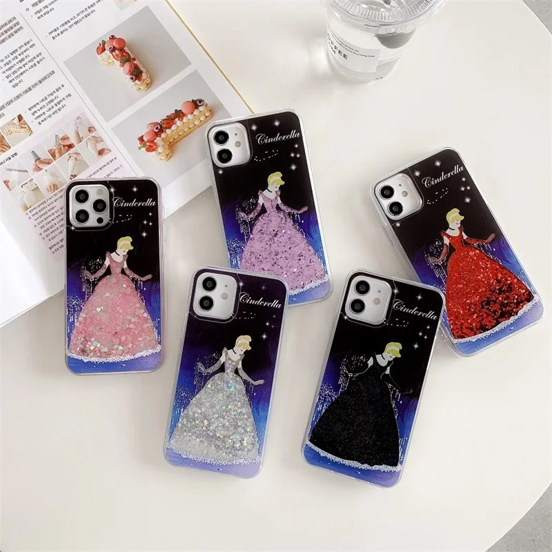 Luxury Disney Cenerentola Principesse Pink Love Heart Bling Glitter Quicksand Case Per Iphone 15 14 13 12 11 Pro Max Cartoon Cover