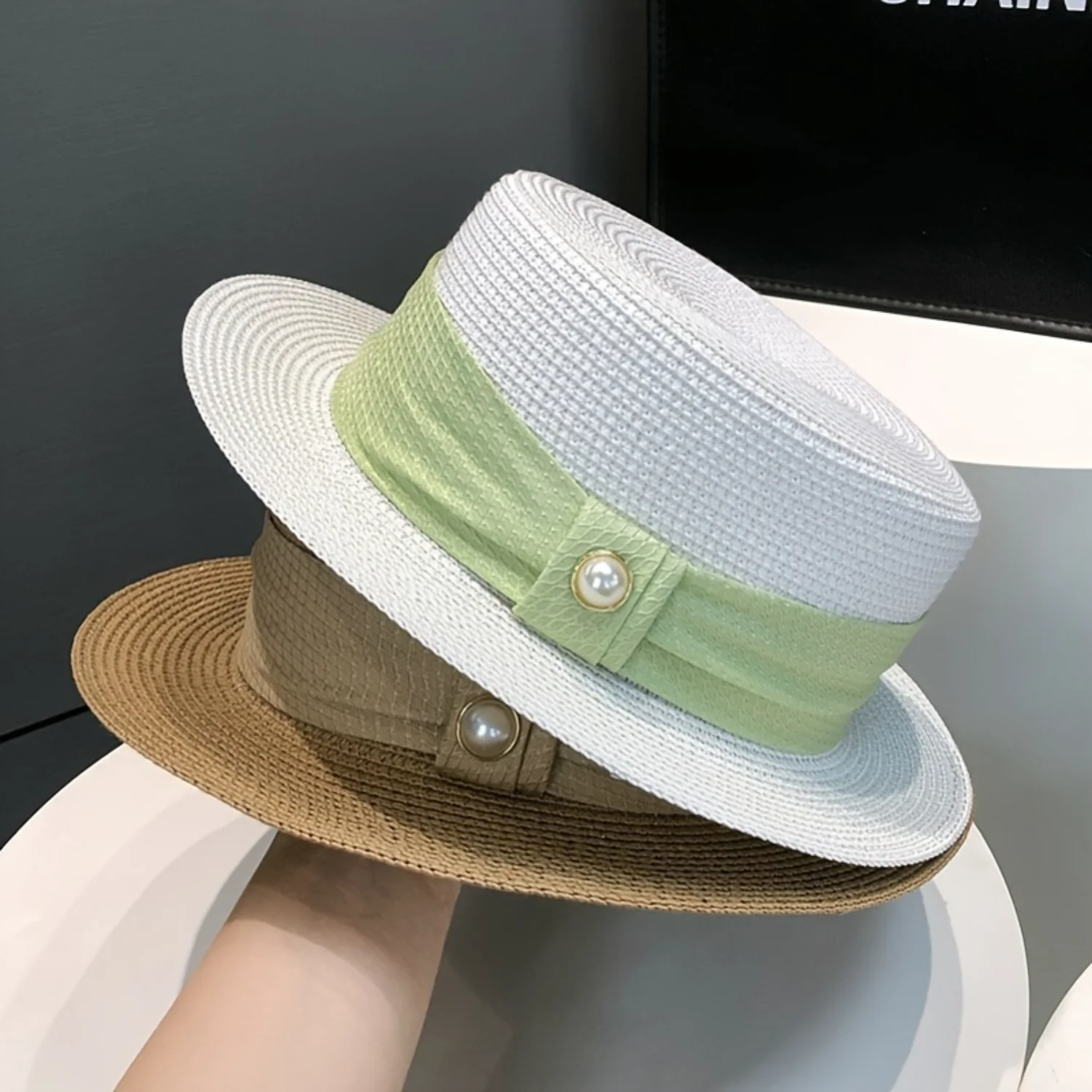 Summer Sun Hat, Casual Anti-UV Flat Top Hat With Faux Pearl Detail, Elegant Stylish Versatile Straw Hat For Ladies, Commuter Sty