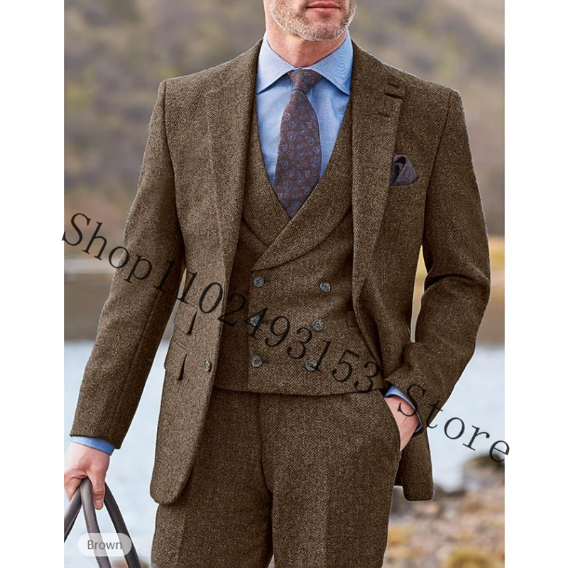 Herringbone Suit Men 3 Pieces Formal Business Tweed Tuxedos Tailor-made Wedding Male Suits Jacket Vest Pants Trajes De Hombre