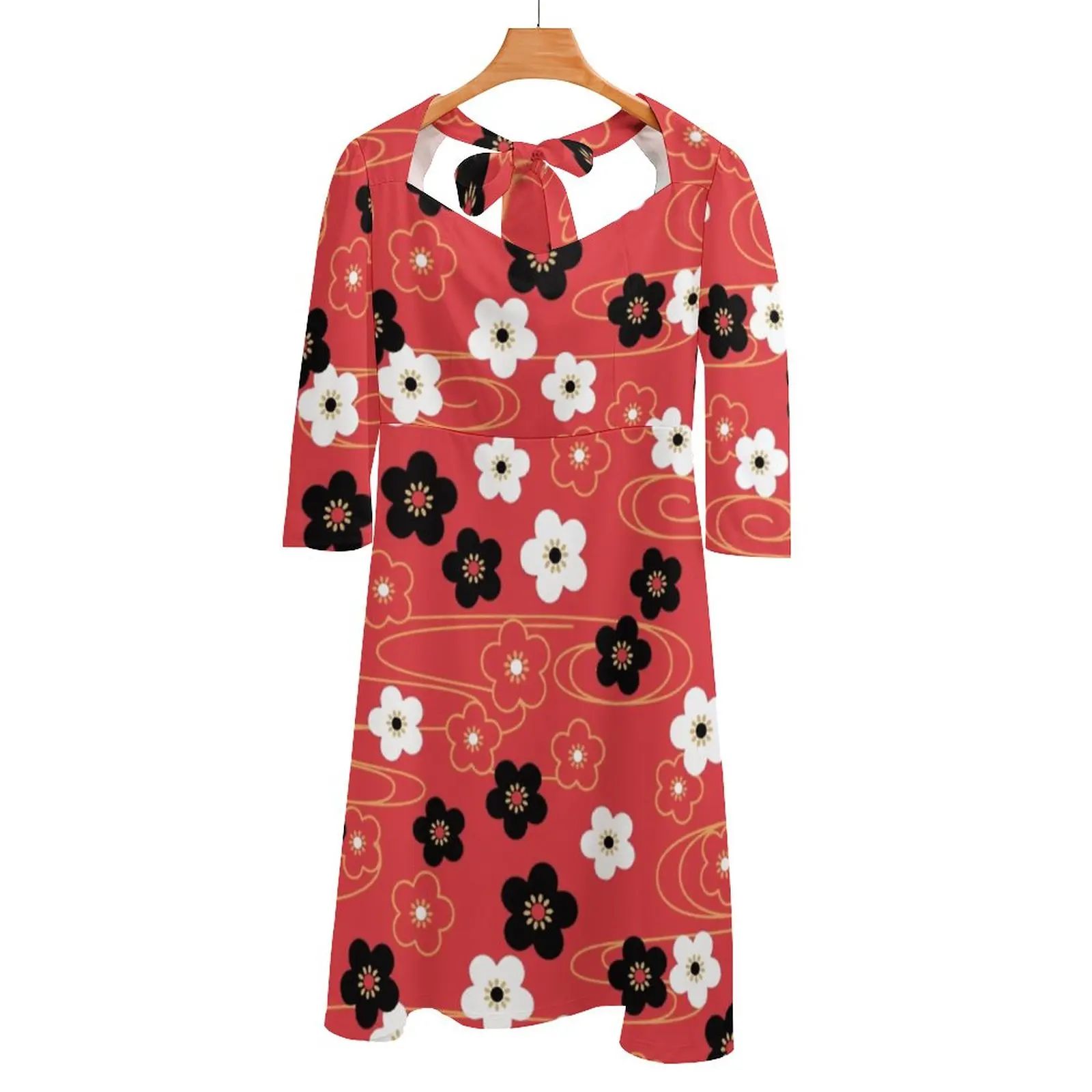 Japanese Red Sakura Cherry Blossom Flowers Back Lacing Backless Dress