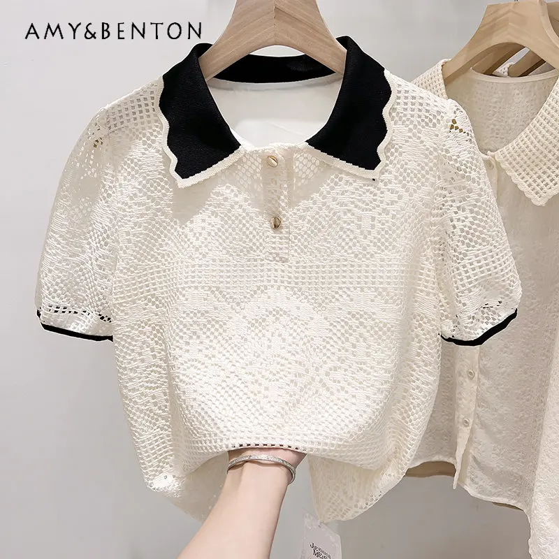 

New Korean Style Elegant Slimming Lapel Black Edge Stitching Shirt Two Button Hook Flower Short Sleeve Lace Top for Women Summer
