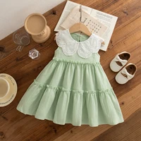 Vêtements d'été en coton pour petites filles, couleur unie, sans manches, à revers, robes de plage mignonnes pour filles 4