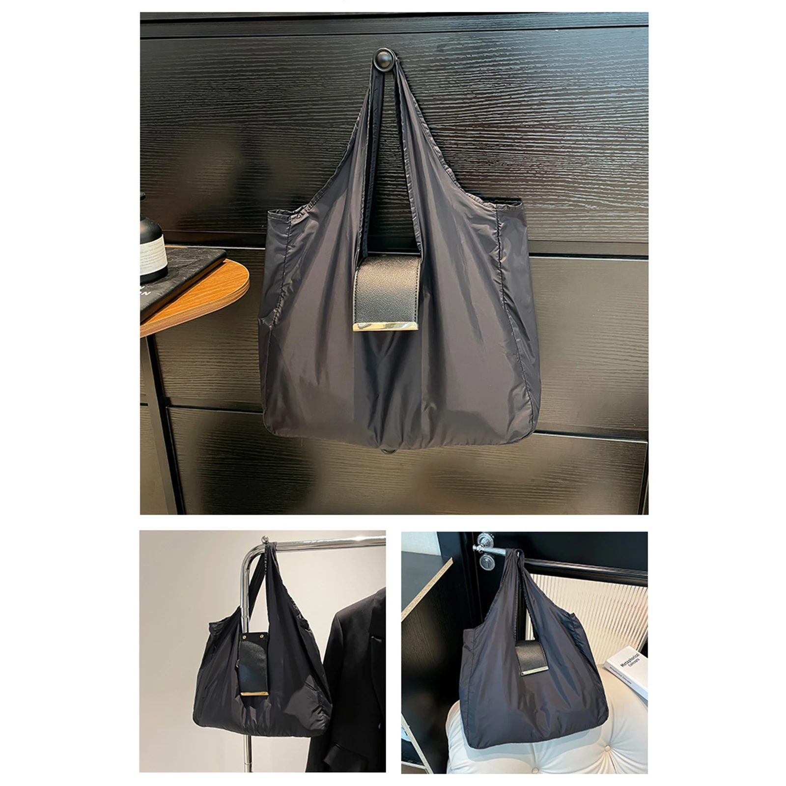 PU Leather Foldable Tote Bag with Key Ring Portable Wallet Purse Large Capacity Collapsible Travel Storage Bag for Daily Errands