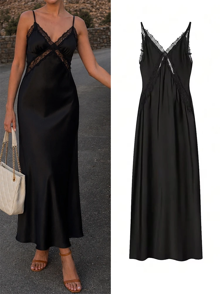 HH Women Fashion Luxury Suspender Dress Elegant Satin Lace Hollow Spaghetti Strap Long Dress 2026 Summer Female Street Wear