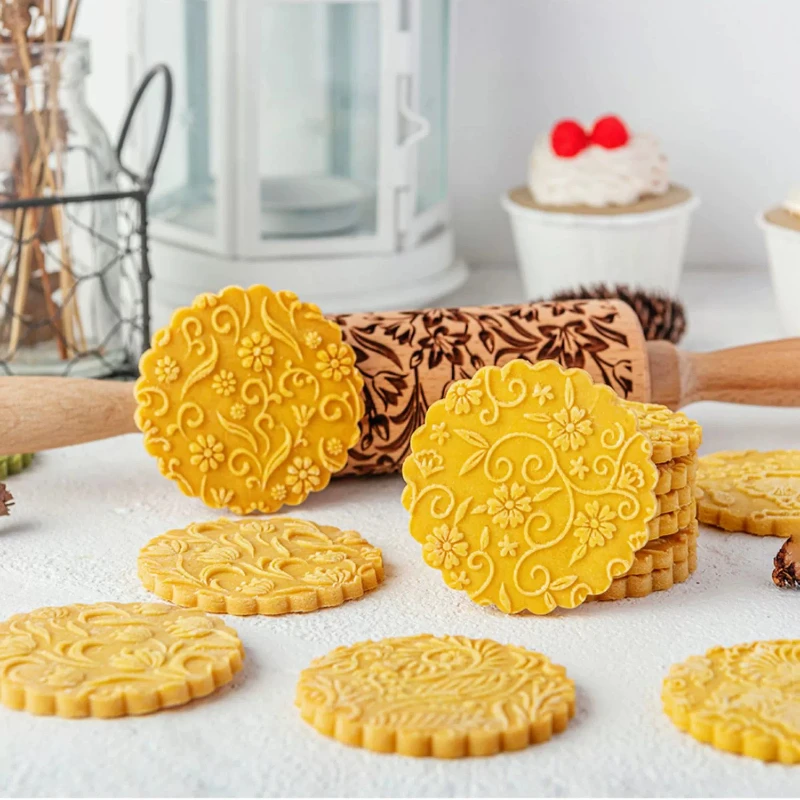 Wooden Printed Rolling Pin for Baking Cookies and Pastries