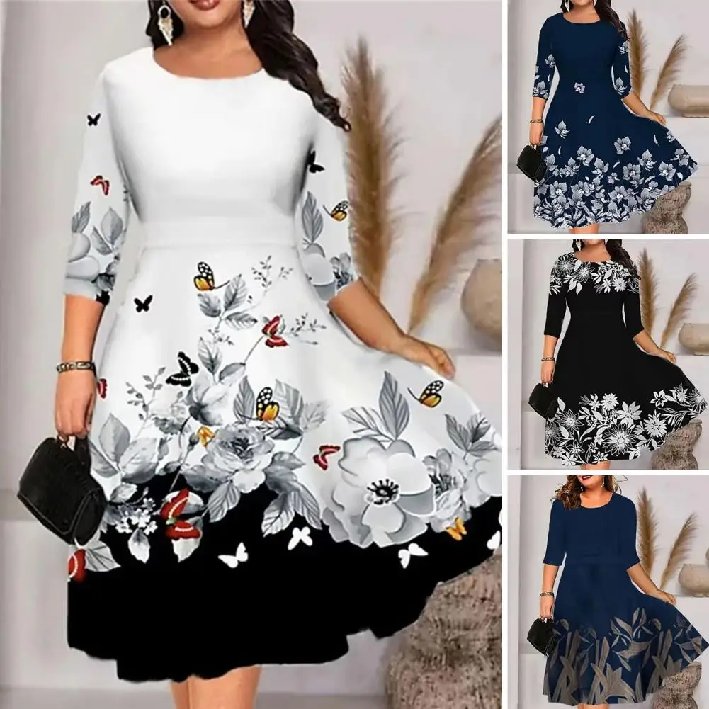 

O-neck 3/4 Sleeve Midi Dress Butterflies Flower Printing Waist Tight Loose Hem A-Line Elegant Summer Casual Dress Streetwear