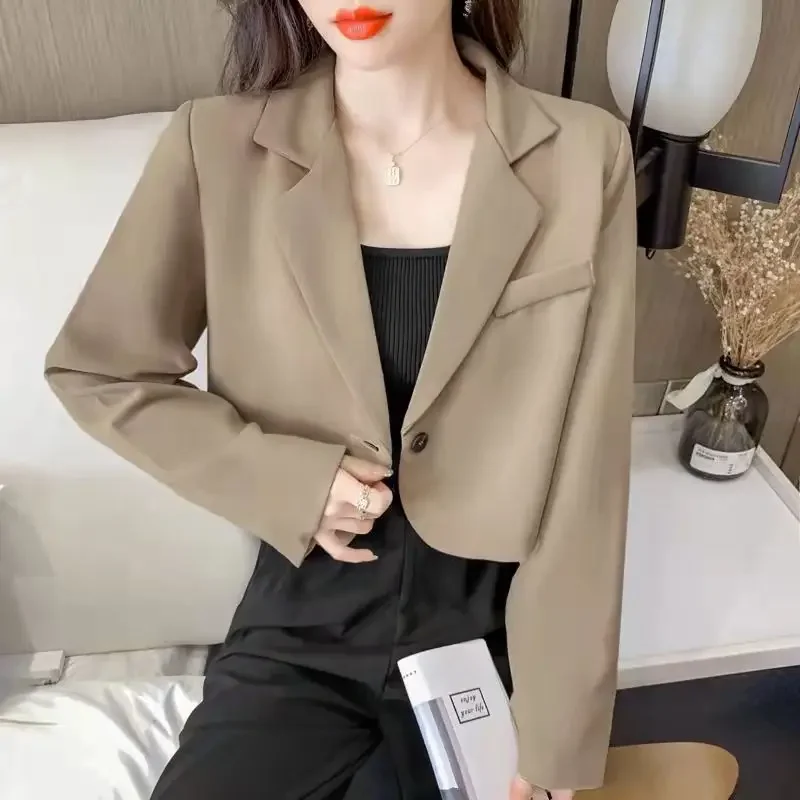 Korean Fashion Cropped Blazers Women All-match olid Color Simple Single-button Outwear Long Sleeve Office Suit Jacket Ladies