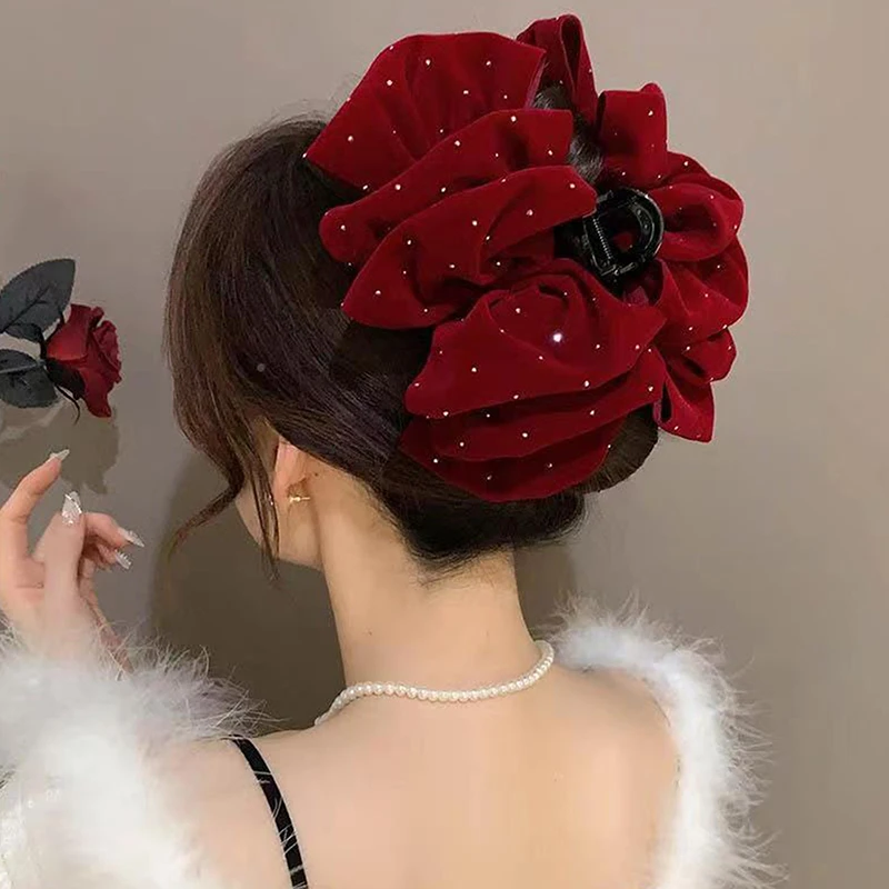 Épingle à Cheveux en Velours Noir et Rouge pour Femme et Fille, Grande Pince à Tête de Princesse, Accessoire de Coiffure, 1 Pièce 1