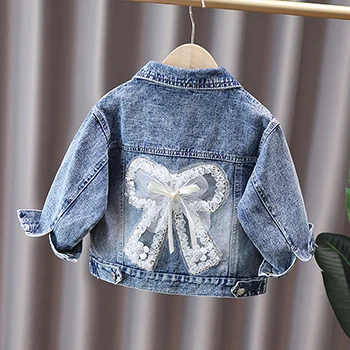 Girls' Denim Jacket with Cute Rabbit and Lace Bow Design